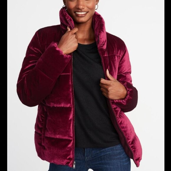 Old Navy Quilted Velvet Burgundy Puffer Jacket - Picture 1 of 3